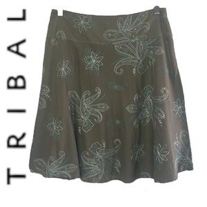 Tribal Skirt Olive Army Green Embroidered Flowy Cotton A-line Size 8